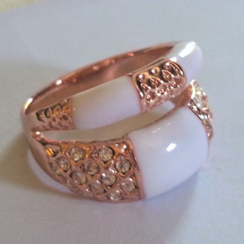 Rose Gold Filigree Detail White Enamel, CZ Pavers